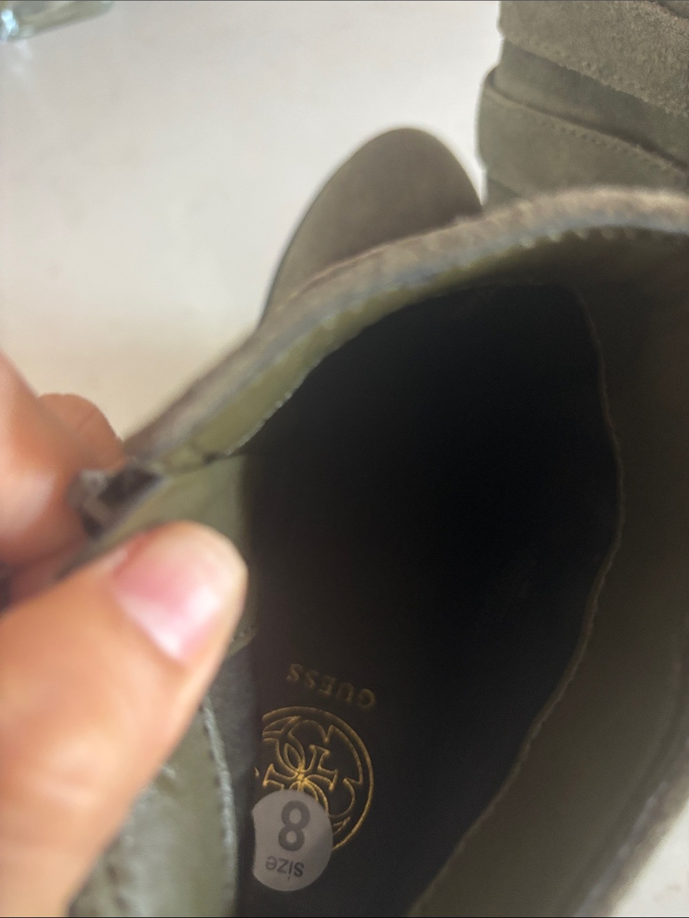 GUESS Olive Green Suede Ankle Boots with Gold Accents - Picture 8 of 8